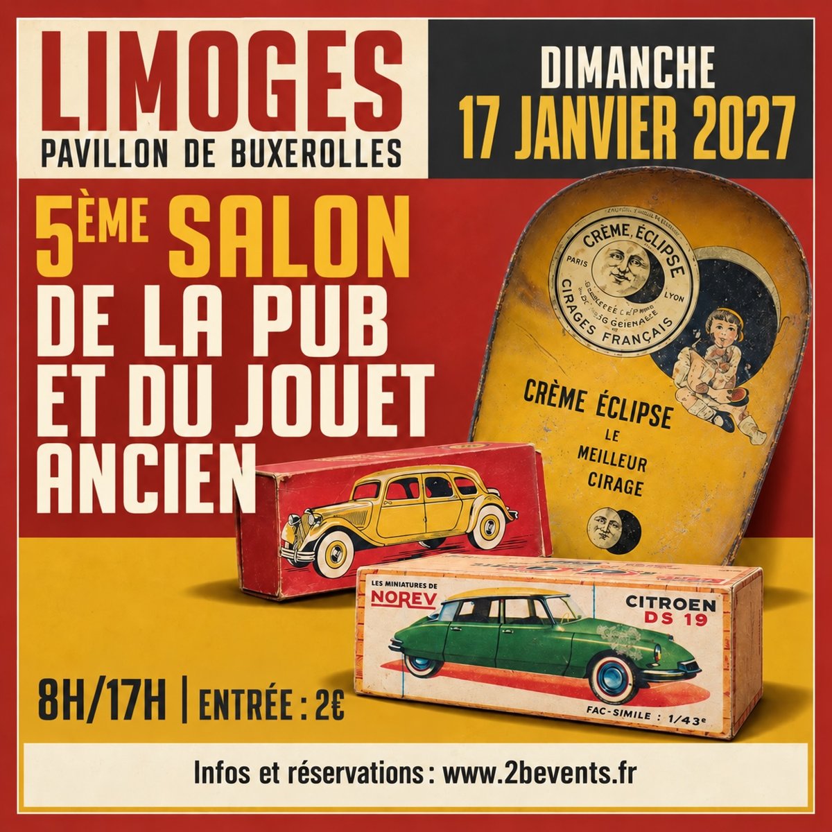 Affiche — Salon de la Pub & du Jouet ancien — Limoges, Dimanche 17 janvier 2027